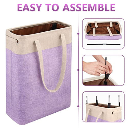 Laundry Basket with Handles Beige&Purple Slim Laundry Bin Collapsible Dirty Clothes Basket Narrow Laundry Bag Foldable Dirty Hamper for Camping, Dorms, Apartments - color: Beige&Purple