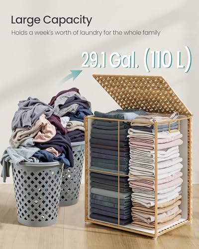 SONGMICS Laundry Hamper with Lid, 29.1 Gallon (110 L) Synthetic Rattan Clothes Laundry Basket with Lid and Handles, Foldable, Removable Liner, Goose Yellow ULCB152Y01 - color: Goose Yellow, size: 110 L