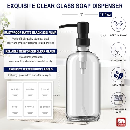 GMISUN Glass Soap Dispenser with Pump, 2 Pack Clear Bathroom Hand Soap Dispenser with Stainless Steel Pump, 17 Fl Oz Refillable Kitchen Hand and Dish Soap Dispensers Set, Modern Liquid Pump Bottles - color: Clear Bottle + Black Pump, size: 2 Pack