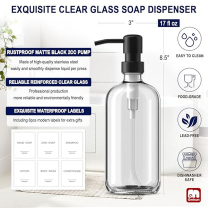 GMISUN Glass Soap Dispenser with Pump, 2 Pack Clear Bathroom Hand Soap Dispenser with Stainless Steel Pump, 17 Fl Oz Refillable Kitchen Hand and Dish Soap Dispensers Set, Modern Liquid Pump Bottles - color: Clear Bottle + Black Pump, size: 2 Pack
