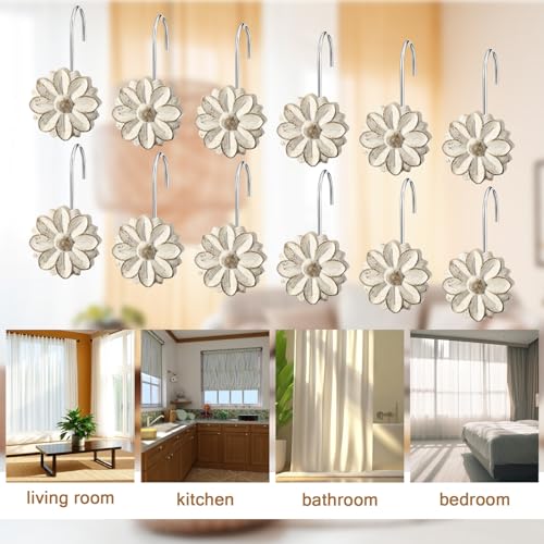 BreezeHug 12 Pcs Boho Shower Curtain Hooks Decorative Shower Curtain Hangers for Bathroom Rod Resin Round Rings with White Flower Pattern, Waterproof - style: Flower