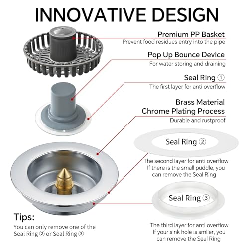 Kitchen Sink Stopper, 3 in 1 Pop Up Kitchen Sink Drain Strainer, with an Extra Basket Strainer, Sink Drain Stopper for US Standard 3-1/2 Inch, Brass Material Electroplate (Silver 2pcs) - color: Silver 2pcs