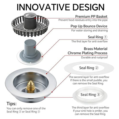 Kitchen Sink Stopper, 3 in 1 Pop Up Kitchen Sink Drain Strainer, with an Extra Basket Strainer, Sink Drain Stopper for US Standard 3-1/2 Inch, Brass Material Electroplate (Silver 2pcs) - color: Silver 2pcs