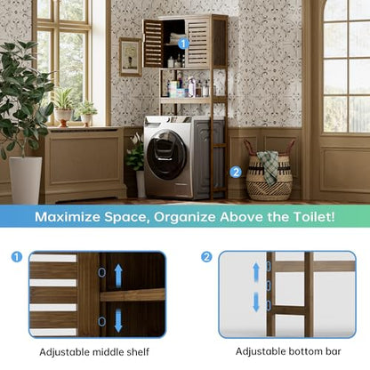 SMIBUY Bathroom Storage Shelf with Cabinet, Bamboo Over-The-Toilet Organizer Rack, Freestanding Toilet Space Saver with 3-Tier Adjustable Shelves (Walnut) - color: Walnut