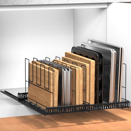 Housolution Pull Out Baking Tray and Cookie Sheet Cutting Board Organizer | 13"-22" Expandable, 21.5" Deep, 8 Adjustable Dividers, Sliding Rail Design, Sturdy Metal Structure, Adhesive/Screw Fixing - color: Black, 8 Dividers, size: Large