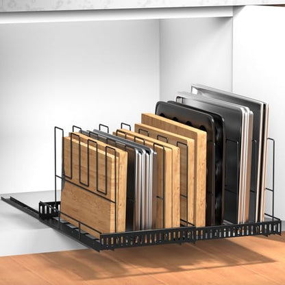 Housolution Pull Out Baking Tray and Cookie Sheet Cutting Board Organizer | 13"-22" Expandable, 21.5" Deep, 8 Adjustable Dividers, Sliding Rail Design, Sturdy Metal Structure, Adhesive/Screw Fixing - color: Black, 8 Dividers, size: Large