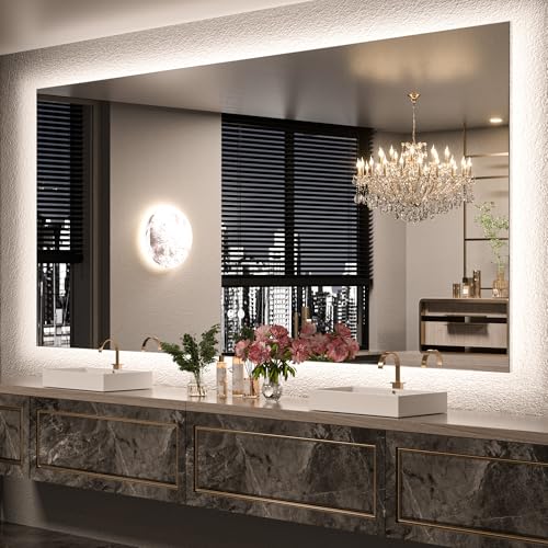 Keonjinn 84" x 40" Backlit Mirror Bathroom, LED Mirror for Bathroom with 3 Color Lights, Shatterproof Tempered Glass, UL Listed LED Driver, Anti-Fog, Large Dimmable Lighted Vanity Mirrors - color: Backlit 3-color, size: 40"L x 84"W