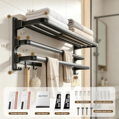 24 Inch Towel Rack for Bathroom, Wall Mounted Shelf with 2 Bars and 7 Hooks, Foldable Double Towel Rod, Space Saving Rustproof Storage Organizer for Bathroom, Hotel and Lavatory, Matte Black