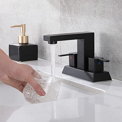 Friho Matte Black Bathroom Sink Faucet, 4 inch Bathroom Faucets for Sink 3 Hole with Water Hoses and Pop up Drain，Stainless Steel 2-Handle Centerset Bathroom Faucet for Vanity RV Restroom, FR2DST201B - color: Black