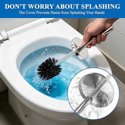 Heavy Duty Stainless Steel Toilet Brush Set with Holder(2 Brush Heads) – Rustproof Toilet Bowl Brush, Compact Cylinder Base, Extra Long Handle for Deep Cleaning, Silver - color: Silver