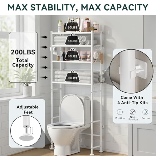 GloTika 4-Tier Over The Toilet Storage Shelves, White | 200lb Total Capacity, Metal Bathroom Organizer with 36" Clearance, Includes Paper Holder & 4 Hooks, Suit for Small Space - color: A-white