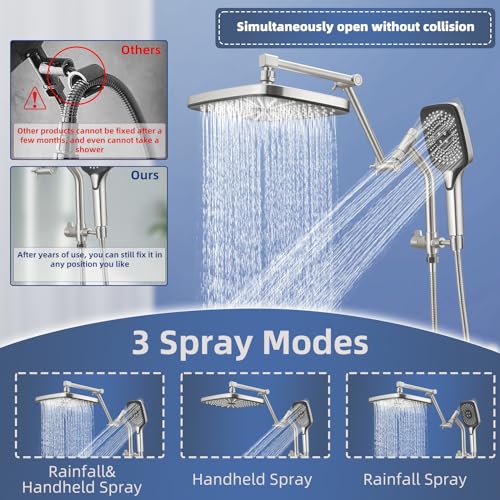 12" High Pressure Rain/Rainfall Shower Heads With Handheld Spray Combo (3+1 Settings & Built-in Power Wash Mode), Double/Dual Shower Head With Handheld - Height/Angle Adjustable(Brushed Nickel) - color: Brushed Nickel, size: 12 Inch