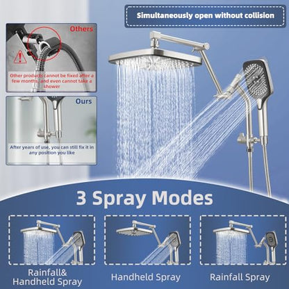 12" High Pressure Rain/Rainfall Shower Heads With Handheld Spray Combo (3+1 Settings & Built-in Power Wash Mode), Double/Dual Shower Head With Handheld - Height/Angle Adjustable(Brushed Nickel) - color: Brushed Nickel, size: 12 Inch