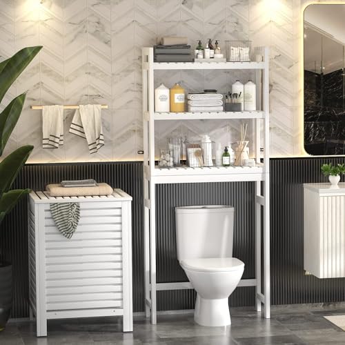 Over The Toilet Storage, Bamboo Over Toilet Bathroom Organizer Rack, Freestanding Bathroom Shelves Above Toilet Storage with 3 Hooks, Bathroom Space Saver, No Rust, Easy to Assemble, White - color: White