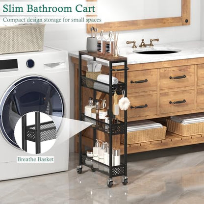 XYZLVSI Utility Slim Storage Cart on Wheels, 4 Tier Laundry Room Organizers | 5" W narrow shelf for small spaces, skinny rolling cart with wooden top and metal handle for kitchen/bathroom/Office/Dorm - size: 16.7"Dx5.0"Wx34"H