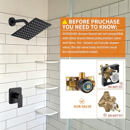 Black Shower Faucet Single Function Trim Kit with Rough-in Valve Set Bath Rainfall Shower System 8inch Square Stainless Steel Metal Shower Head - color: Matte Black