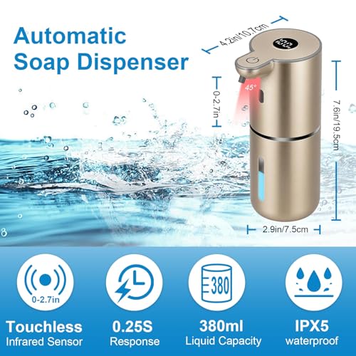 OHIFAST Automatic Liquid Soap Dispenser Touchless, USB Rechargeable Smart Hand Soap Dispenser, 6-Level Adjustable, 12.8oz/380mL Wall Mounted for Bathroom Kitchen Accessories Dish Soap-Gold - color: Gold, style: Liquid