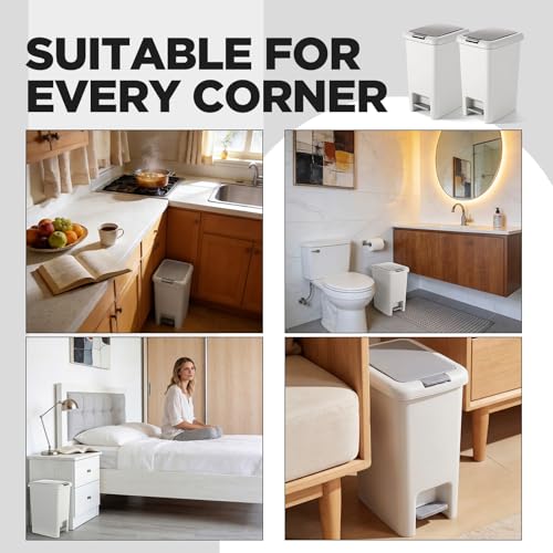 2 Pack 1.6 Gallon Small Trash Can with Lid, Step-on Slim Bathroom Garbage Can 6 Liter Plastic Wastebasket for Kitchen, Bathroom, Office, Dorm, Modern Gray