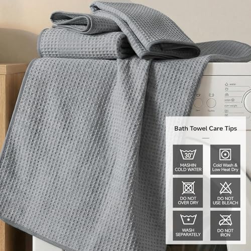 REDKISS Soft 8 Piece Waffle Towel Set, Microfiber, Lighter Weight, Absorbent, Quick Dry, Lint Free Bath Towels for Bathroom, Spa & Hotel – 2 Bath, 2 Hand, 4 Washcloths, Gray - color: Gray