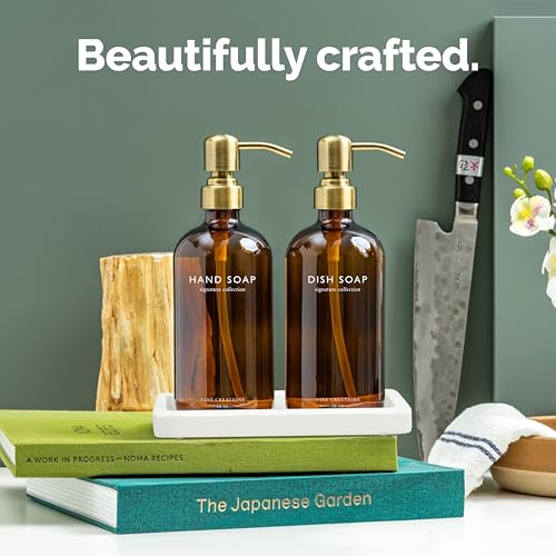 Vine Creations Amber Glass Soap Dispenser Set, Kitchen Soap Dispenser Set with Ceramic Tray, 16 oz Dish Soap and Hand Soap Dispensers with Stainless Steel Pump Decor (Amber Bottle/Brushed Brass) - color: Amber Bottle / Brushed Brass Pump