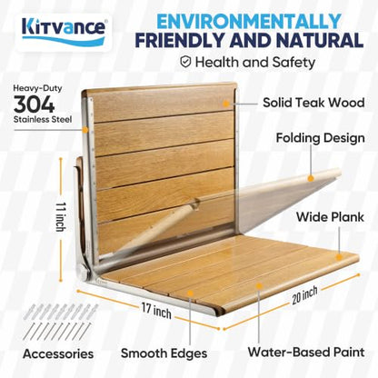 [Upgraded Version] 20" Folding Teak Shower Seat Wall Mounted- Shower Bench for Inside Shower, ADA Compliant Teak Shower Seat Wall Mounted Bench Bathroom Stool, Folding Bathtub Shower Seat for Elderly - size: 20*17*10.9 Inch Teak