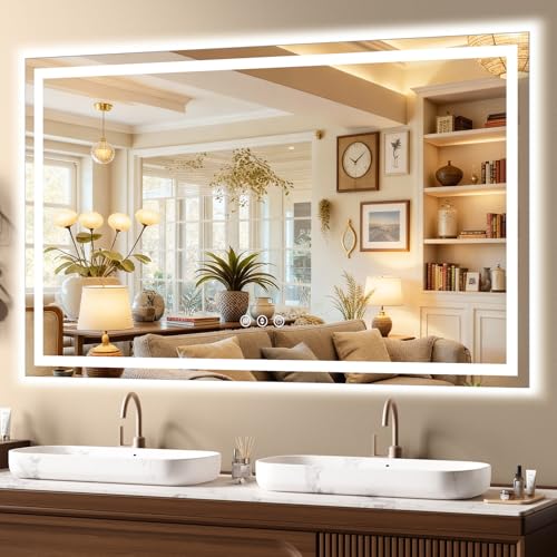60"x 36" LED Bathroom Mirror with Light Over Sink, for Bathroom Wall | 3 Color, Anti-Fog, Backlit ＆ Frontlit, Stepless Dimmable,Memory, Shatter-Proof, Vertical ＆ Horizontal, Frameless - size: 60"L x 36"W