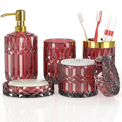 Red Bathroom Accessories Set, Glass Soap Dispenser Set with Rust Proof Stainless Steel Pump, Soap Holder, Toothbrush Holder, Tumbler, Cotton Swab Jars, Wine Red Bathroom Set Bathroom Decor Sets Gift - style: Red