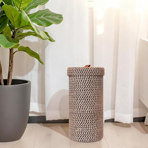 Handmade Cotton & Jute Toilet Paper Holder – Woven Toilet Paper Stand & Storage Basket with Lid, Freestanding Organizer for Bathroom, Fits 3 Mega Rolls 14" x 7'' - color: Black