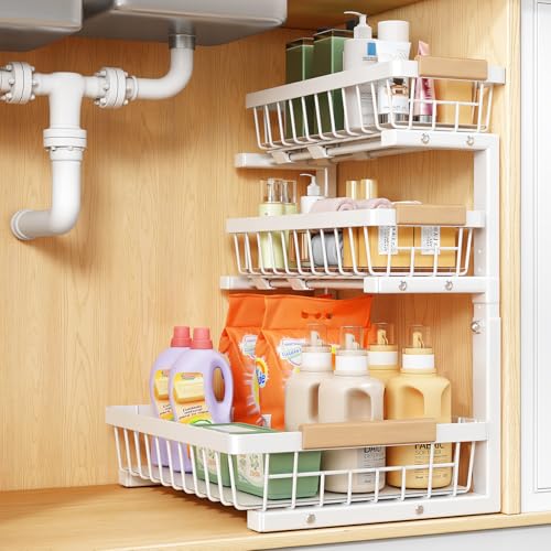 PXRACK Under Sink Organizer, 1-Pack 3-Tier Height Adjustable Thickened Metal Pull out Cabinet Organizer Shelf, Slide out Storage Drawer Rack for Bathroom Kitchen Pantry Home Organization, White - color: White, size: 1-Pack