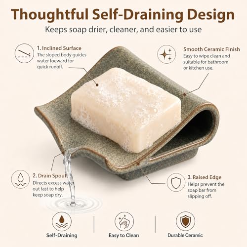 Zoeeker Self-Draining Soap Dish, Ceramic Bar Soap Holder with Drainage | Waterfall Design Soap Saver for Bathroom, Kitchen, Sink, Countertop, Sink Organizer Tray Keeps Dry, Variegated Brown Glaze - color: Brown