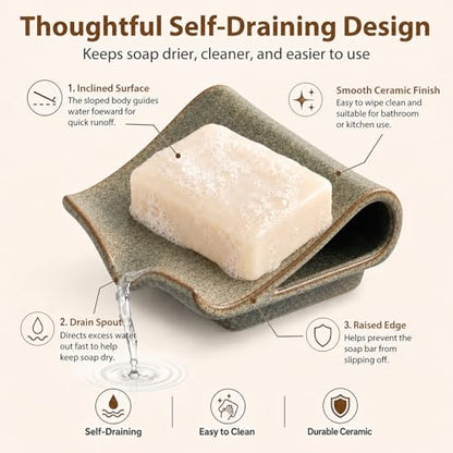 Zoeeker Self-Draining Soap Dish, Ceramic Bar Soap Holder with Drainage | Waterfall Design Soap Saver for Bathroom, Kitchen, Sink, Countertop, Sink Organizer Tray Keeps Dry, Variegated Brown Glaze - color: Brown