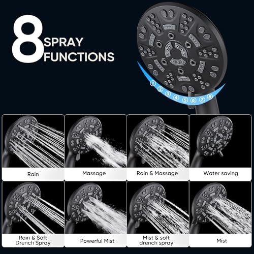 Cobbe 8-Setting Handheld Shower Head, Water-Saving Design, Matte Black | Trickle Pause Mode, 5ft Stainless Steel Hose, Brass Swivel Bracket, Tool-Free Installation - color: Matte Black
