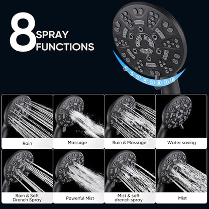 Cobbe 8-Setting Handheld Shower Head, Water-Saving Design, Matte Black | Trickle Pause Mode, 5ft Stainless Steel Hose, Brass Swivel Bracket, Tool-Free Installation - color: Matte Black