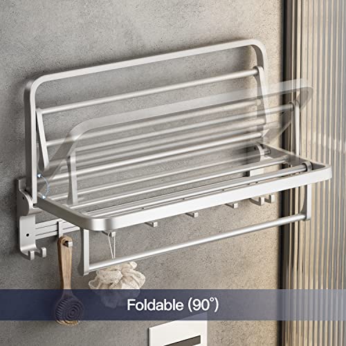 24 Inch Towel Rack with Towel Bar Holder Foldable Towel Shelf with Movable Hooks Rustproof Towel Storage Wall Mount for Bathroom Lavatory Silver - color: Silver