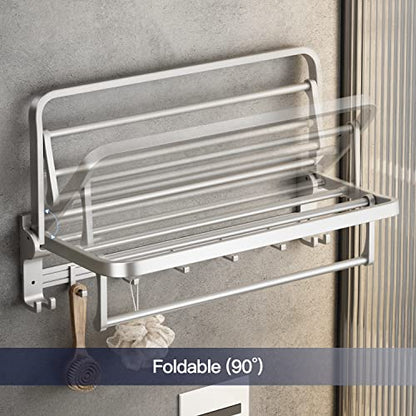 24 Inch Towel Rack with Towel Bar Holder Foldable Towel Shelf with Movable Hooks Rustproof Towel Storage Wall Mount for Bathroom Lavatory Silver - color: Silver