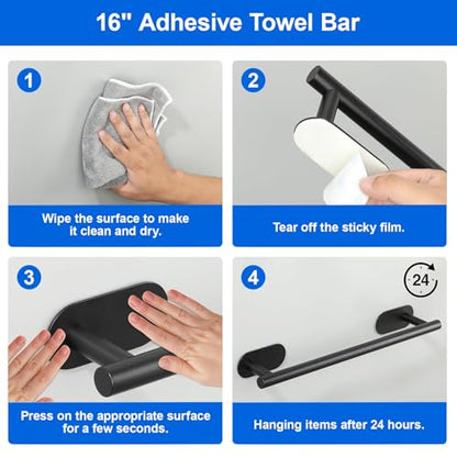 Towel Bar,Adjustable 16-24" Towel Rack,SUS304 Stainless Steel Bathroom Towel Holder,No Drill,Self Adhesive & Wall Mounted for Bathroom Kitchen Hand Towel Holder Cloths(Matte Black) (Black) - color: Black