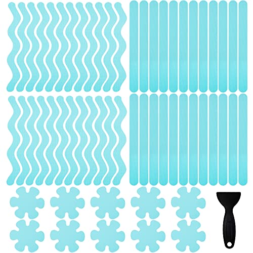 58PCS Bathtub Non Slip Stickers, Adhesive Decals with Scraper | for Bath Tub Stairs Ladders Shower Room, Blue, Made of PEVA, S-shaped, Flower-shaped and Longer Strips Stickers - color: Blue