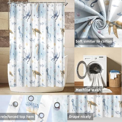 Yeele Ocean Creatures Watercolor Shower Curtain, Turtle Octopus Blue Print Shower Curtain, Waterproof Machine Washable Fabric Bath Curtain 72x72 Inch with Grommets and Hooks - color: Blue 1, size: 72"Wx72"L