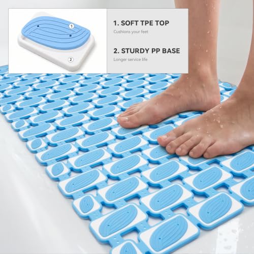 Shower Mat Non Slip Bathtub Mat, Bath Mat for Tub with Strong Suction Cups, Quick Dry Drain Holes, Machine Washable Shower Floor Mat for Elderly & Kids, 27"x16", Blue - color: Blue