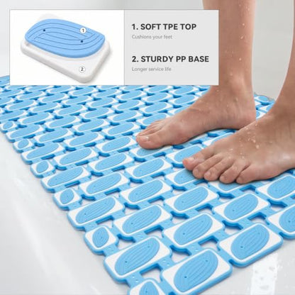 Shower Mat Non Slip Bathtub Mat, Bath Mat for Tub with Strong Suction Cups, Quick Dry Drain Holes, Machine Washable Shower Floor Mat for Elderly & Kids, 27"x16", Blue - color: Blue