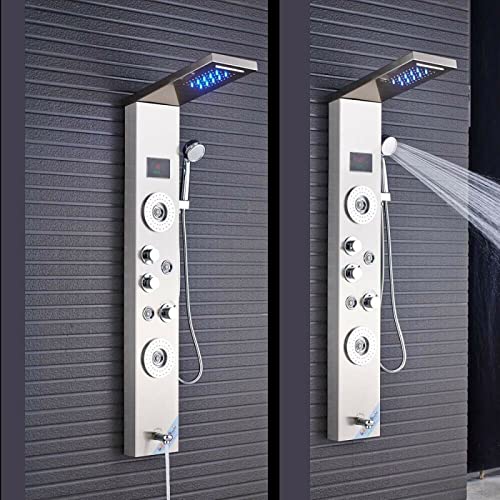 Stainless Steel Shower Panel Tower System LED Rainfall Waterfall Shower Head Handheld Shower Head Body Jets Tub Spout Water Temperature Display