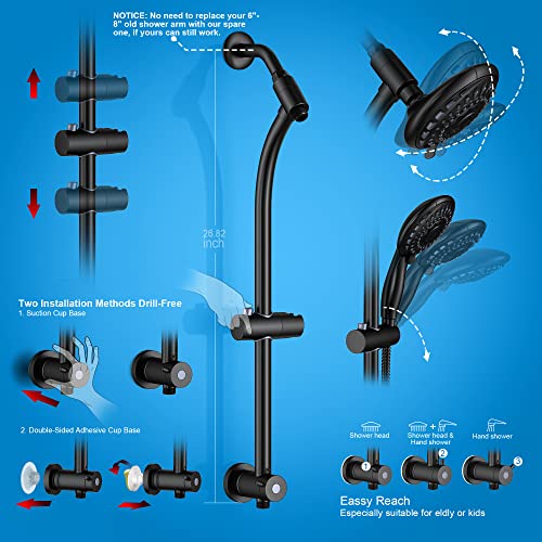 Handheld Showerhead & Rain Shower Combo for Easy Reach, 27.5" Drill-free Stainless Steel Slide Bar, 5”of 5-setting Handheld Shower and Showerhead, with 5ft Hose - Black - color: Black