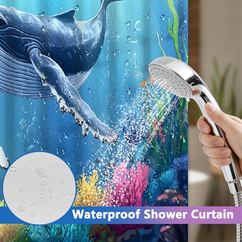 No Hook Shower Curtains for Bathroom, Whale Pattern Double-layer Shower Curtain with See Through Window, 71x74 Inches Ocean Shower Curtain No Hooks with Snap in Liner, Mesh Top Window and Weighted Hem - color: Whale
