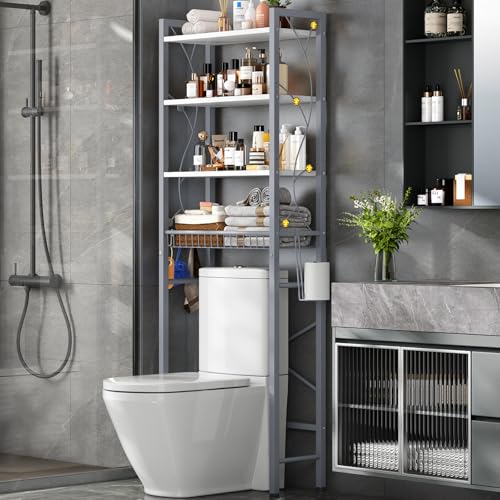 Over-The-Toilet Storage Rack, 4-Tier Bathroom Organizer Shelf Over Toilet with Adjustable Shelf and Basket, Freestanding Space Saver Bathroom Shelves Above Toilet for Room (Gray White) - color: Gray White