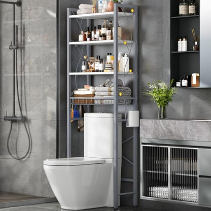 Over-The-Toilet Storage Rack, 4-Tier Bathroom Organizer Shelf Over Toilet with Adjustable Shelf and Basket, Freestanding Space Saver Bathroom Shelves Above Toilet for Room (Gray White) - color: Gray White