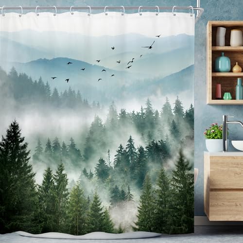 Riyidecor Green Mountain Shower Curtain 72Wx96H Inch Extra Long Nature Rustic Woodland Tree Scenery,Alpine Landscape Natural Foggy Mens Bathroom Decor Fabric Polyester Waterproof 12 Pack Hooks - color: A-01green, size: 72"W x 96"L (Pack of 1)