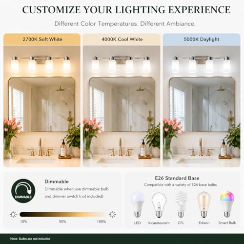 4-Light Bathroom Vanity Light, Brushed Nickel Vanity Light with Frosted Glass Shades, E26 Base Bathroom Light Fixture, Dimmable, Up or Down Wall Mount Lighting for Bathroom Mirror - color: Brushed Nickel