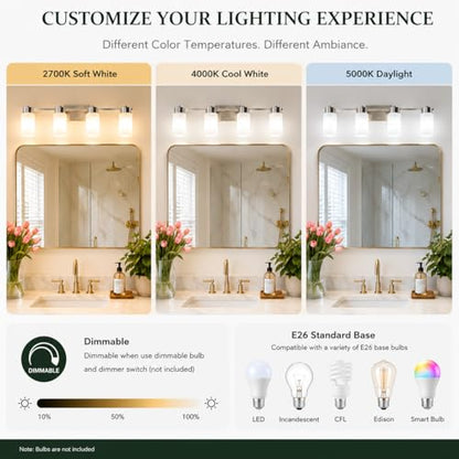4-Light Bathroom Vanity Light, Brushed Nickel Vanity Light with Frosted Glass Shades, E26 Base Bathroom Light Fixture, Dimmable, Up or Down Wall Mount Lighting for Bathroom Mirror - color: Brushed Nickel