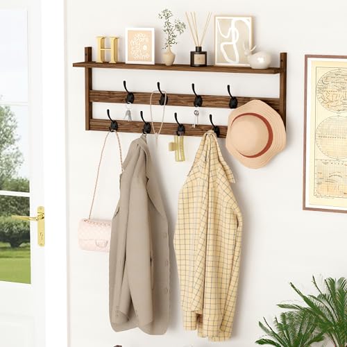 AMBIRD Coat Rack Wall Mount with Shelf, 29" Coat Hooks Wall Mounted with 9 Metal Hooks for Entryway, Bathroom, Bedroom, Living Room, Kitchen, 2 Tier Wall Hooks for Clothes, Hat, Towel, Key, Purse - style: 9 Hooks