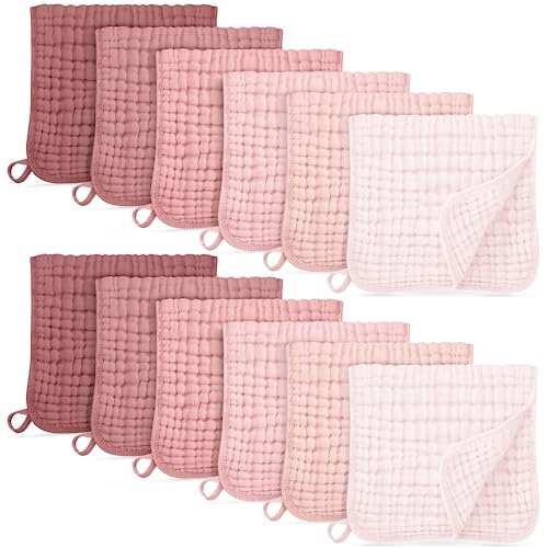 Unnivoll Muslin Burp Cloths for Baby 100% Cotton Burping Cloths for Boys Girls Large 20''X10'' Extra Soft and Absorbent 12 Pack - Gradient Pink - color: Gradient Pink, size: 12 Pack
